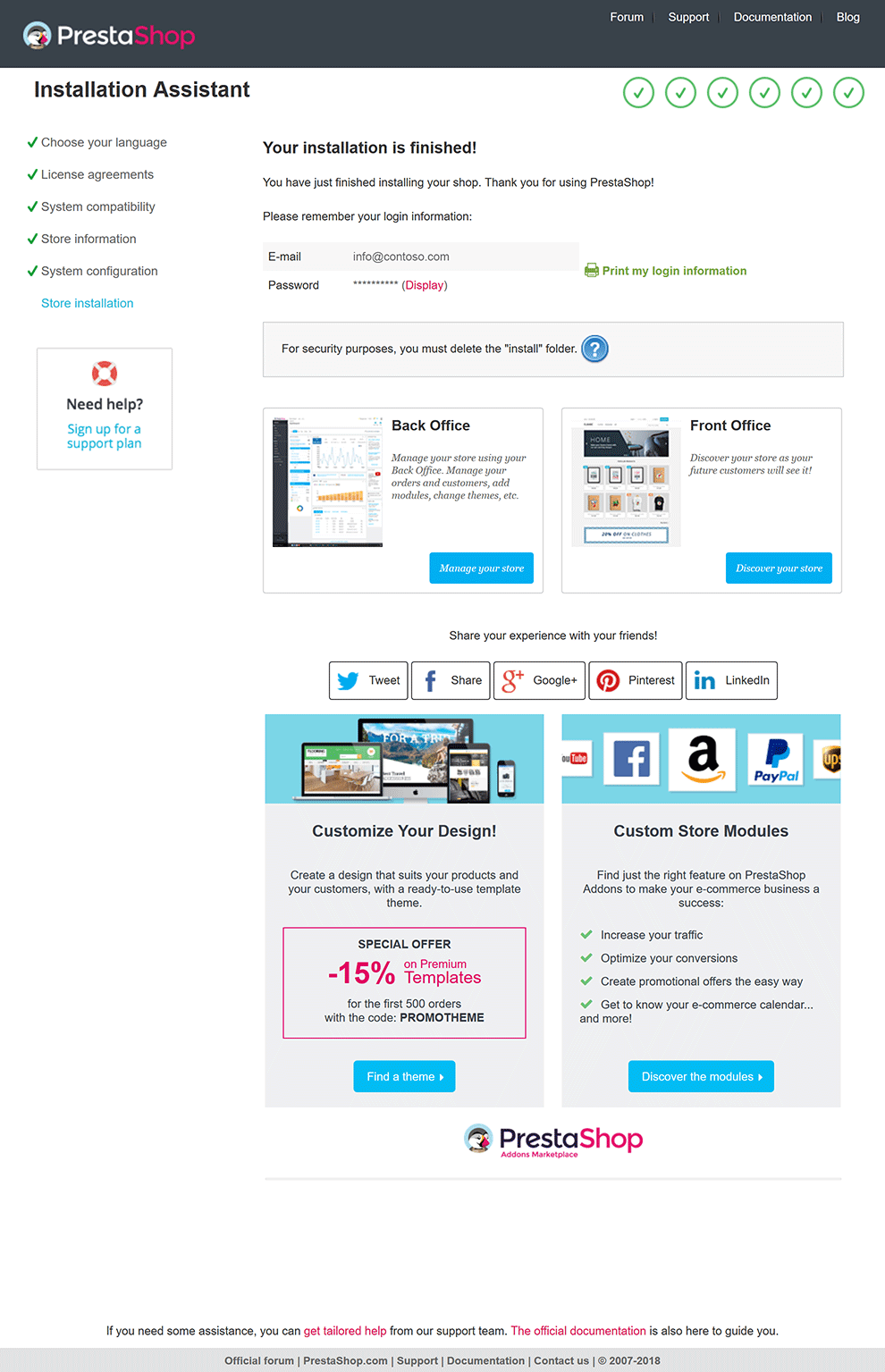 PrestaShop Installer Account Information and Links